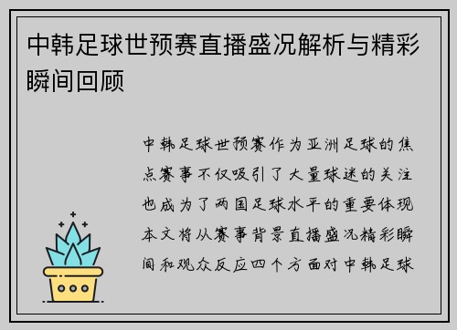 中韩足球世预赛直播盛况解析与精彩瞬间回顾