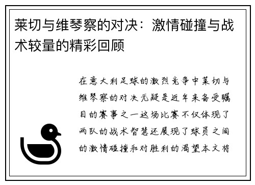 莱切与维琴察的对决：激情碰撞与战术较量的精彩回顾