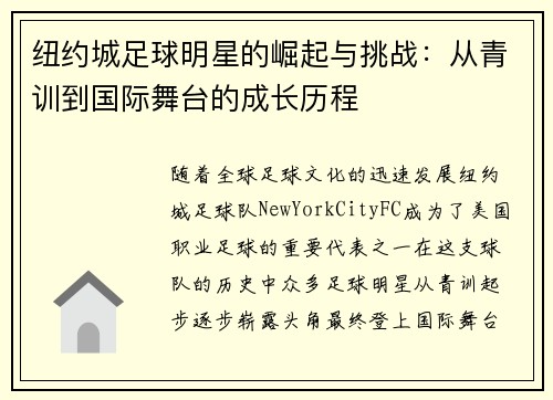 纽约城足球明星的崛起与挑战：从青训到国际舞台的成长历程