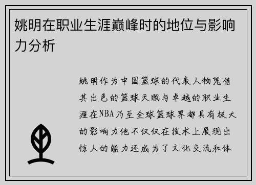 姚明在职业生涯巅峰时的地位与影响力分析